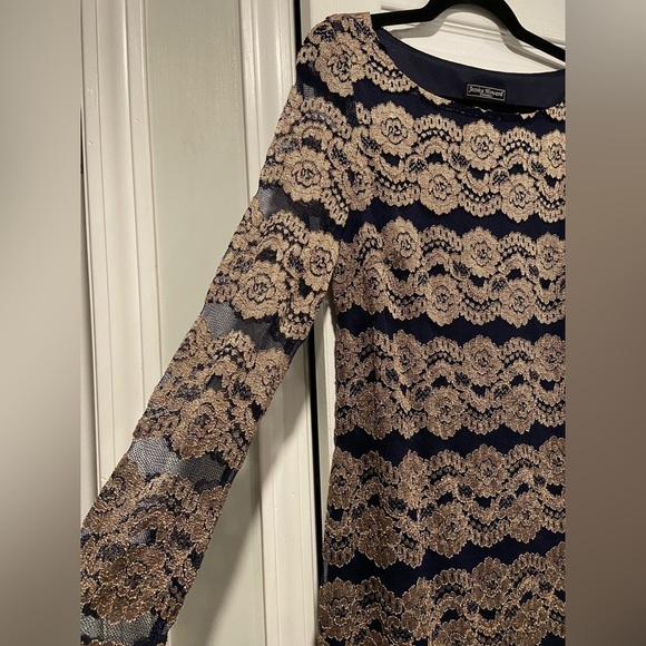 Jessica Howard Evenings Size 12 Long Sleeve Navy Blue Gold Lacy Sheath Dress - Picture 2 of 11